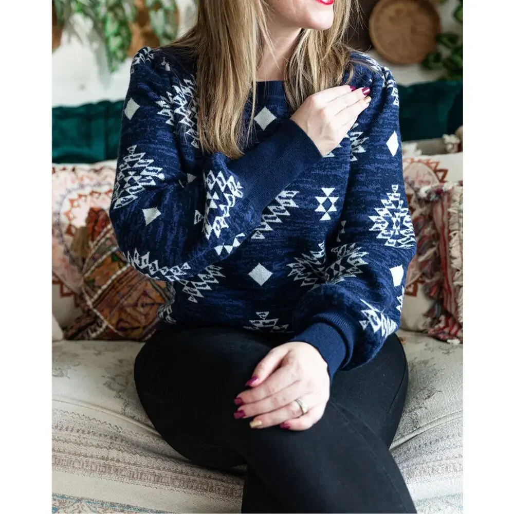 LuLaRoe Southwestern Piper Large NEW Navy Blue Cream Balloon Sleeve Sweater